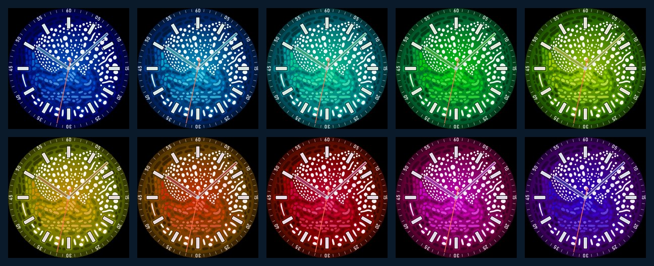 The 10 color themes of the Whale Shark watch face
